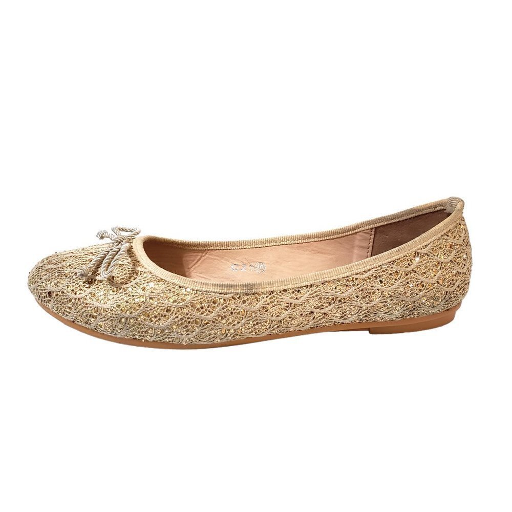 Gold Glitter Ballet Flats, Bow-Tie, Sparkle Women's Shoes, Size 40 (9 US)